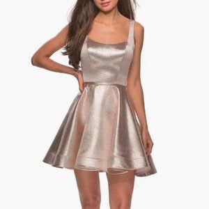 La Femme Metallic Fit & Flare Cocktail Dress ROSE GOLD, Size 10